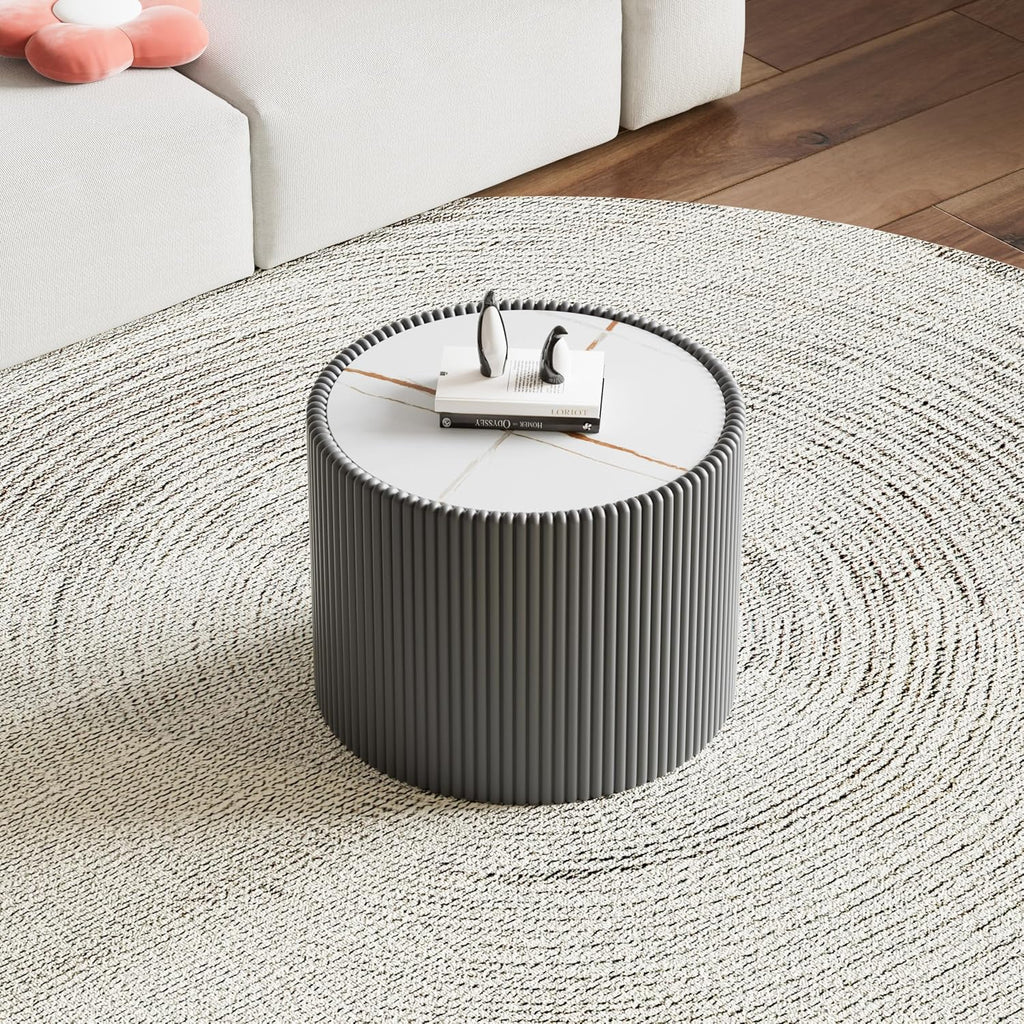 Modern Round Coffee Table Set of 2 Luxury Sintered Stone Top Coffee End Table in White/Grey Leatherette Drum-Shape Small Coffee Side End Tables for Living Room,Fully Assembled