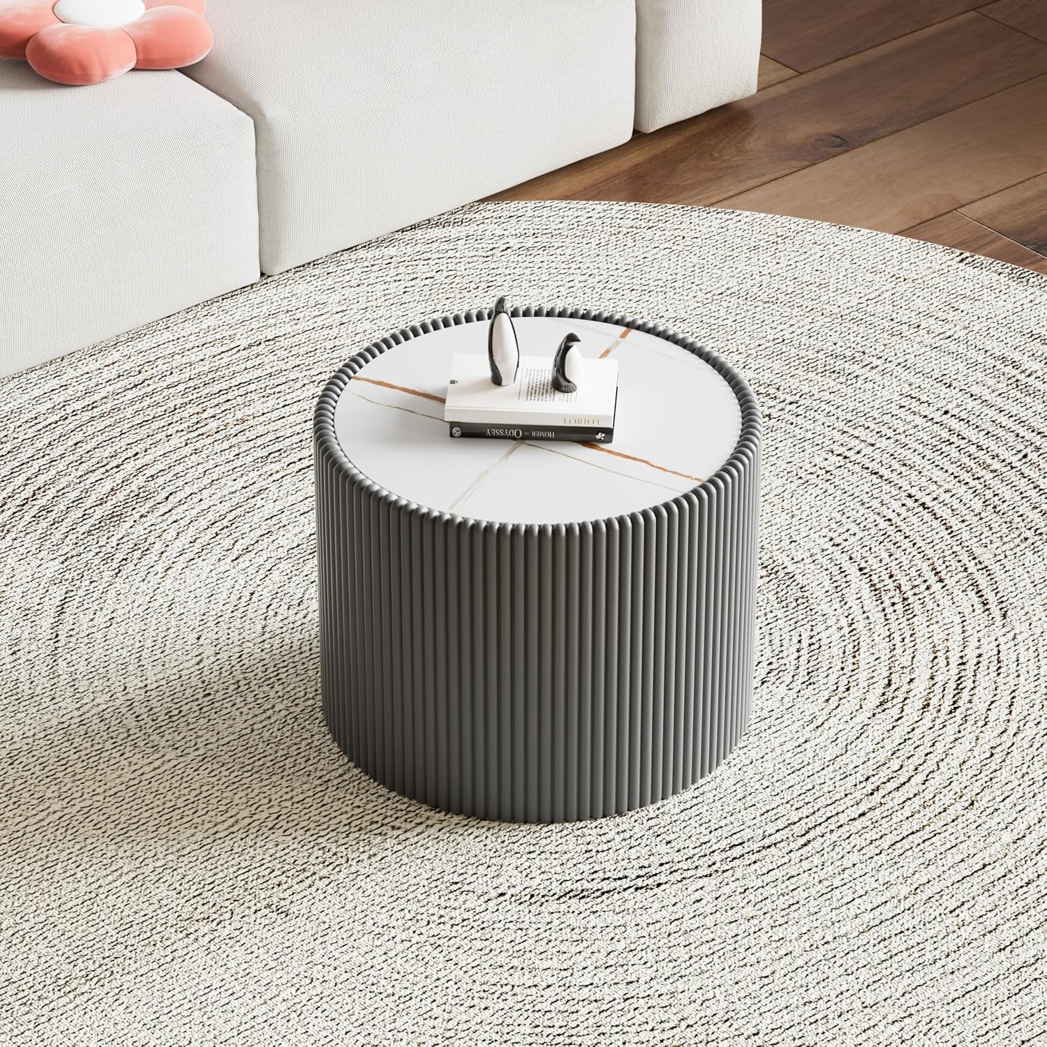 Modern Round Coffee Table Set of 2 Luxury Sintered Stone Top Coffee End Table in White/Grey Leatherette Drum-Shape Small Coffee Side End Tables for Living Room,Fully Assembled