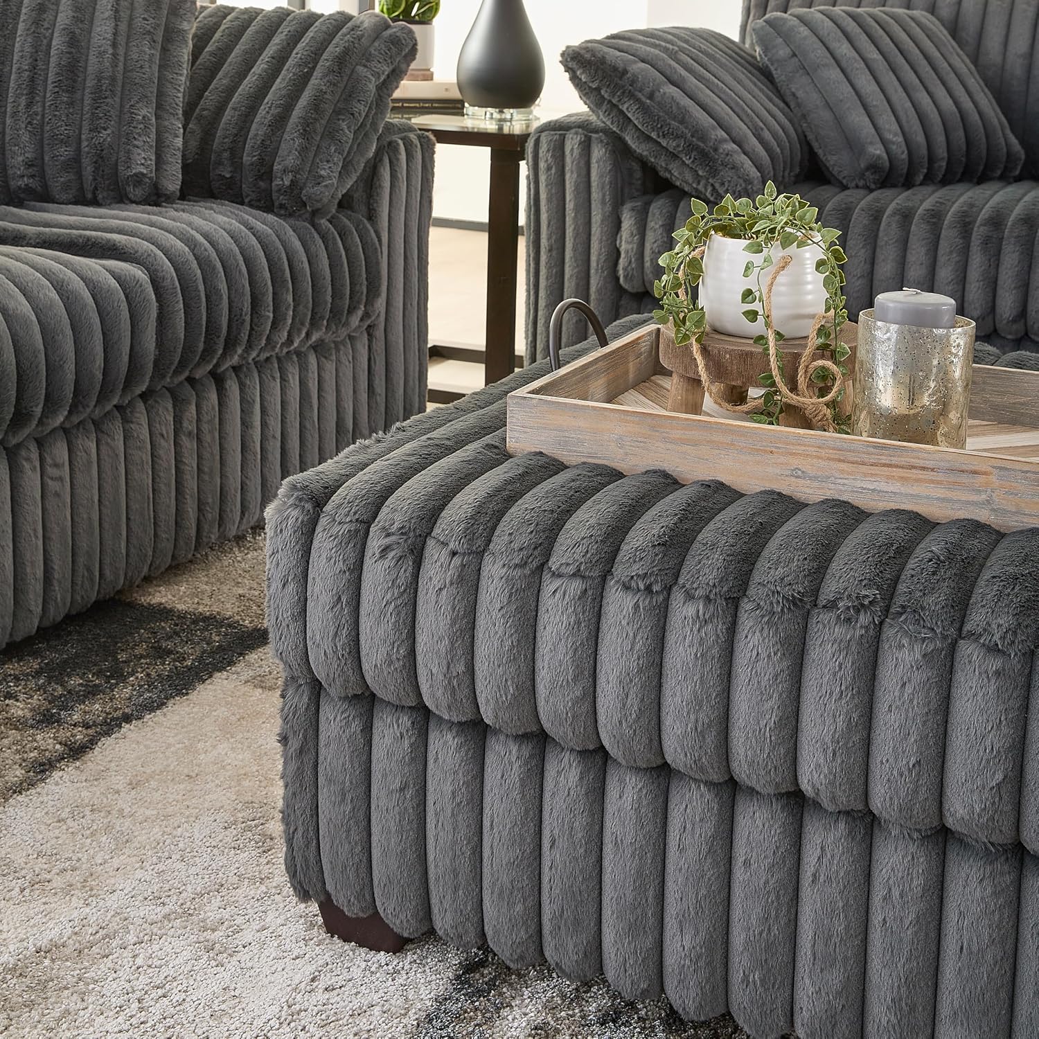 Roundhill Furniture Belvoir 3-Piece Living Room Set, Sofa Cuddle Chaise and Ottoman, Charcoal