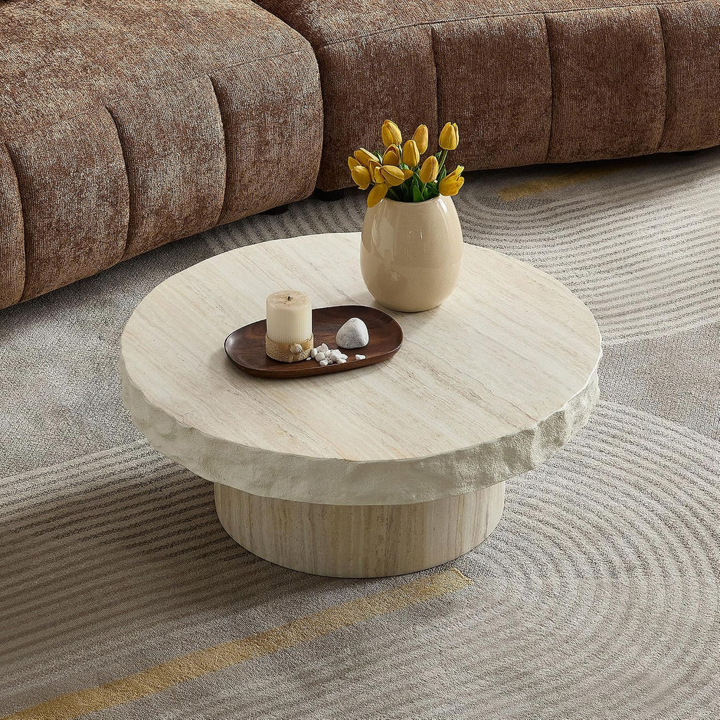 Round Coffee Table for Living Room Small Modern Faux Marble Center Circle Side Drum Accent Farmhouse Coffee Tables Mid Century for Apartment Bedroom Office Balcony (31.7' x 13') Beige