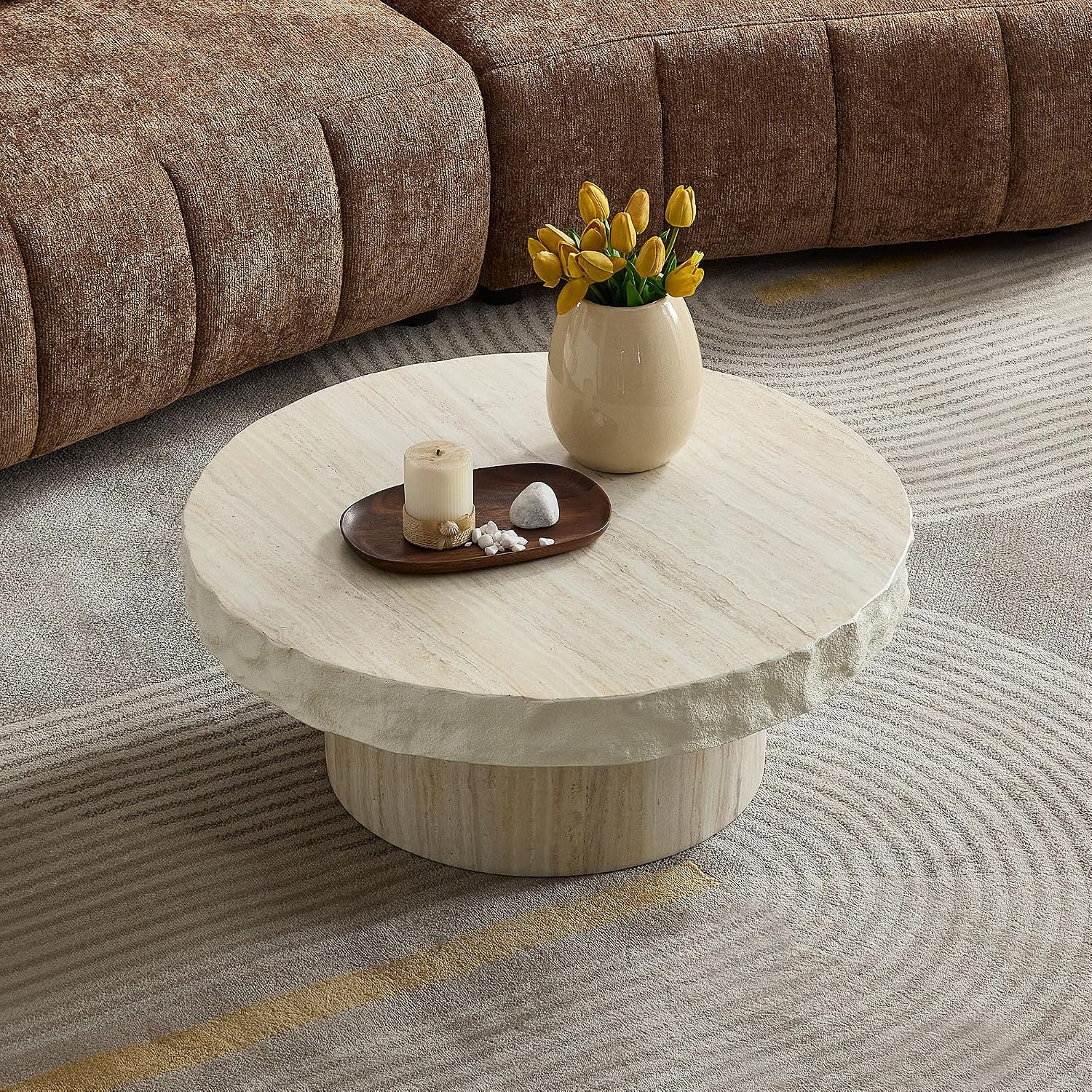 Round Coffee Table for Living Room Small Modern Faux Marble Center Circle Side Drum Accent Farmhouse Coffee Tables Mid Century for Apartment Bedroom Office Balcony (31.7' x 13') Beige