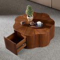 35.43'' Round Coffee Table with Drawer Storage Space for Living Room, Modern Drum Handcraft Wood Petal-Shaped Coffee Table, No Assembly, Walnut