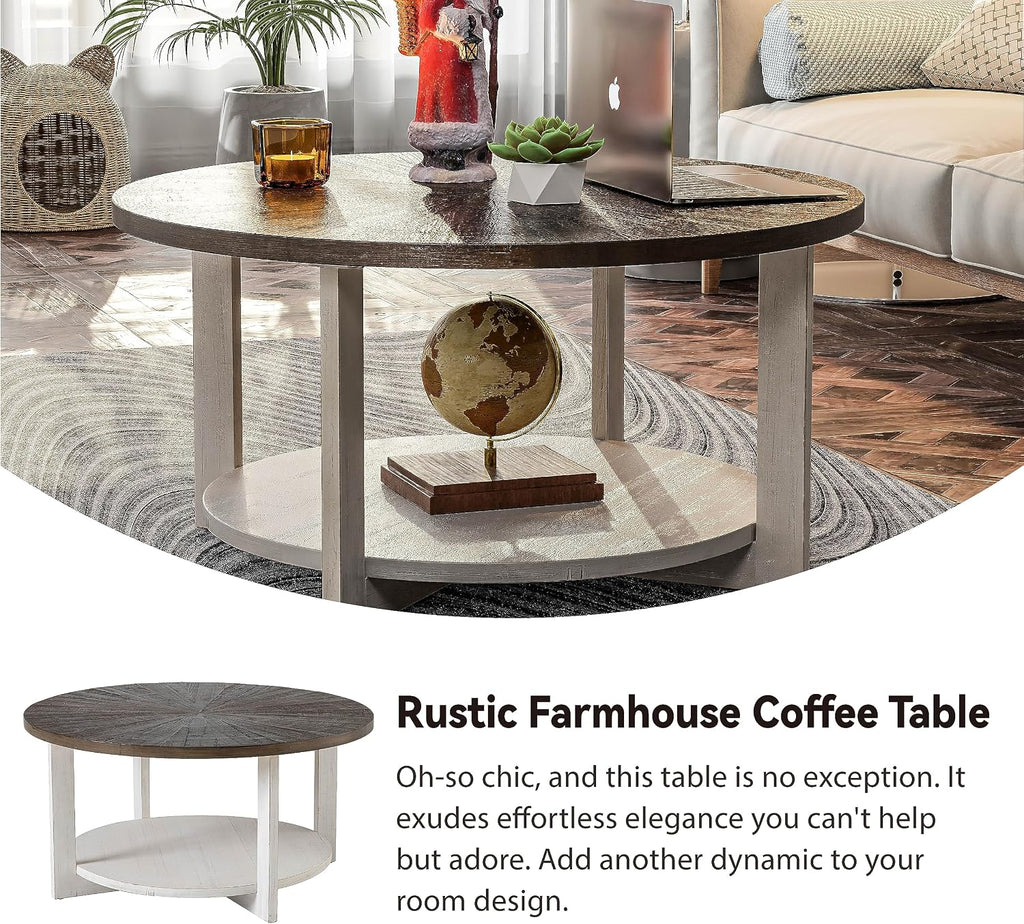 Round Wood Coffee Table with Distressed Finish Top, Two-Tone Living Room Table with Lower Storage Shelf, Farmhouse Center Table, Large Circle, Brown and White