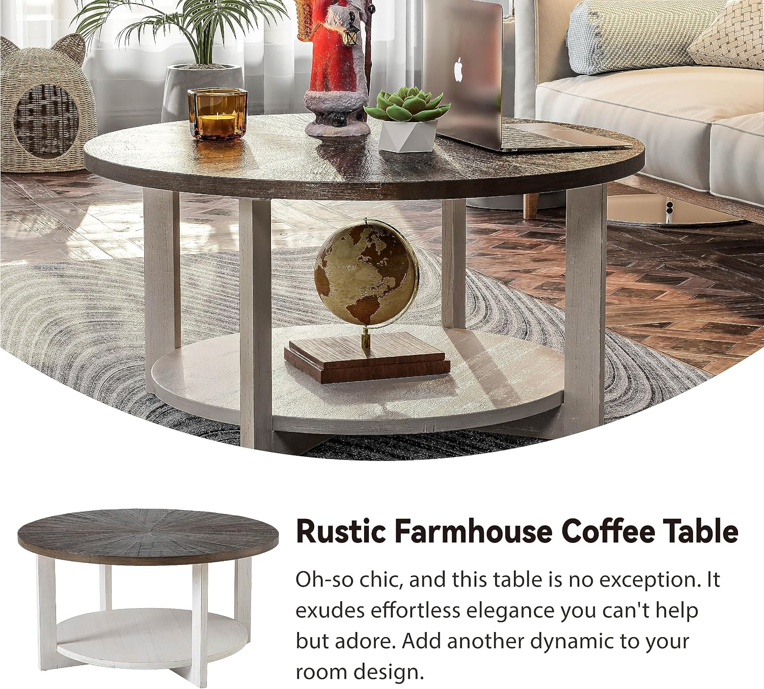 Round Wood Coffee Table with Distressed Finish Top, Two-Tone Living Room Table with Lower Storage Shelf, Farmhouse Center Table, Large Circle, Brown and White