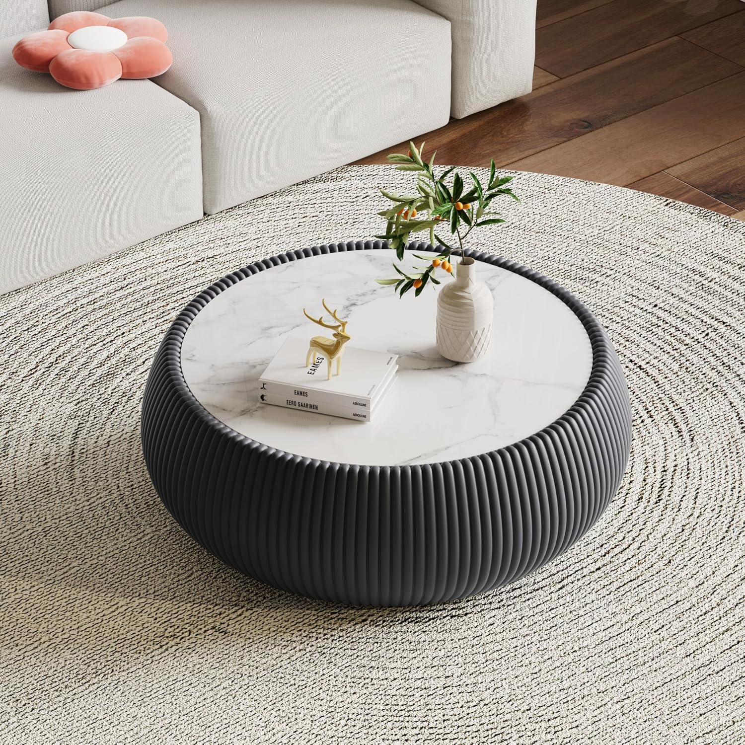 Modern Round Coffee Table Luxury Sintered Stone Top Coffee Table in Grey Leatherette Creative Drum-Shape Cocktail Center Table for Living Room Bedroom,Fully Assembled