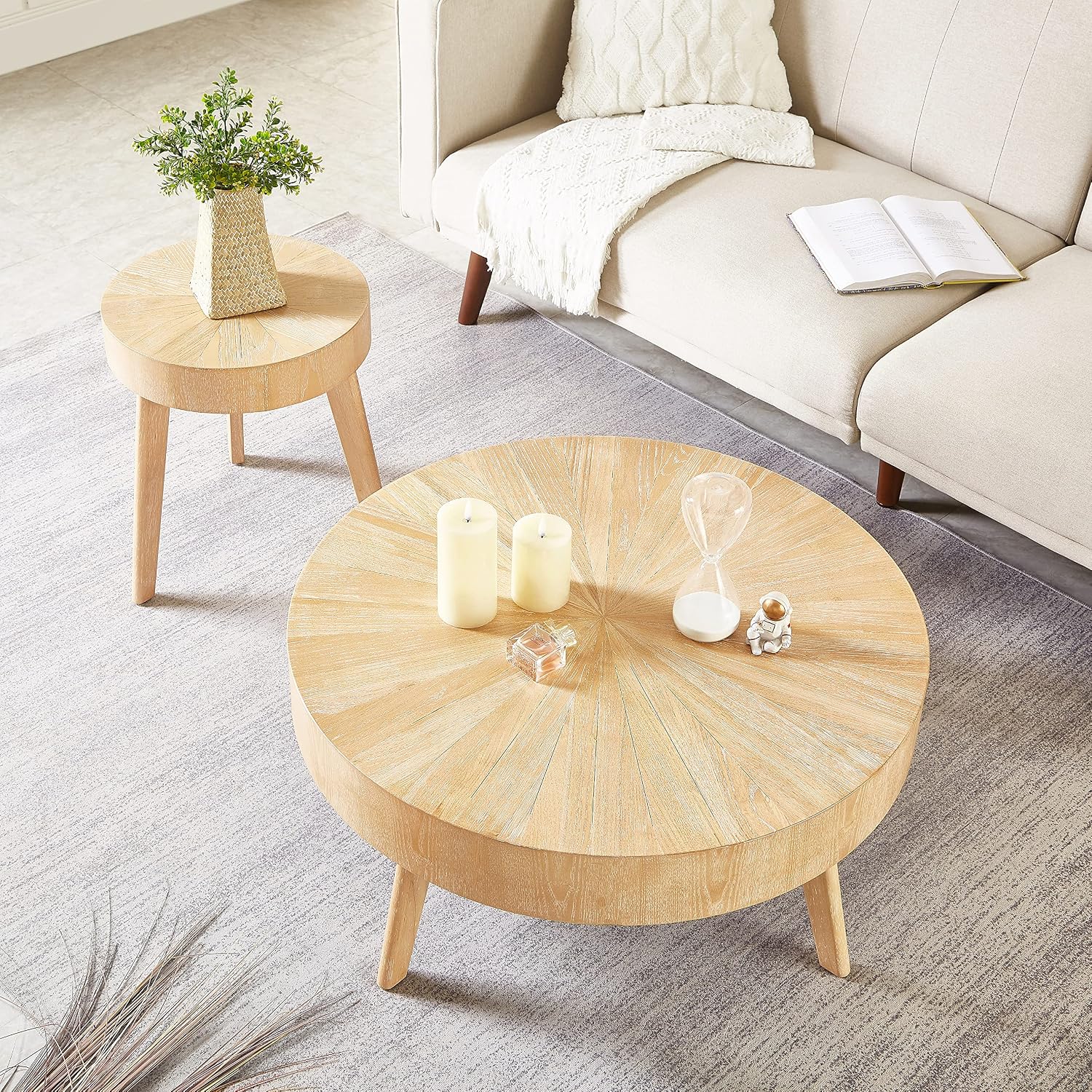 Nesting Round Wood Coffee Table Set of 2 - Wooden Circle Coffee Table ＆ End Table Side Table for Living Room Apartment (Light Brown,31x31x14 in)