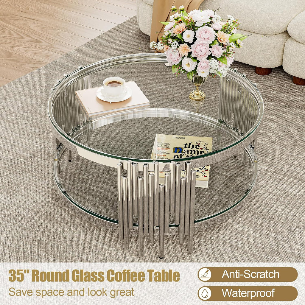 Round Glass Coffee Table Set of 3, 2-Tier Luxury Living Room Table and 2 End Tables, Clear Tempered Glass Tabletop with Silver Mirrored Stainless Steel Table Base, for Living Room, Office, Apartment