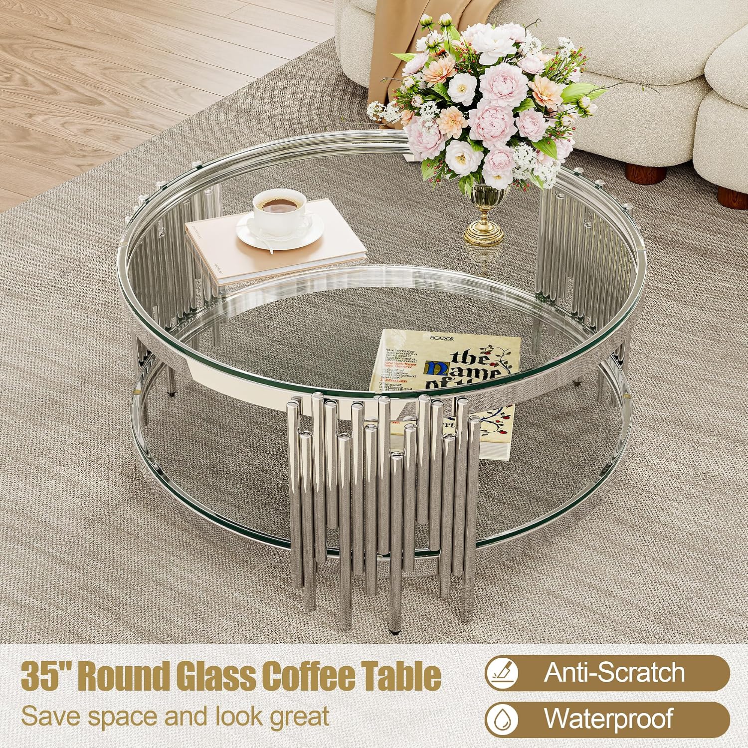 Round Glass Coffee Table Set of 3, 2-Tier Luxury Living Room Table and 2 End Tables, Clear Tempered Glass Tabletop with Silver Mirrored Stainless Steel Table Base, for Living Room, Office, Apartment