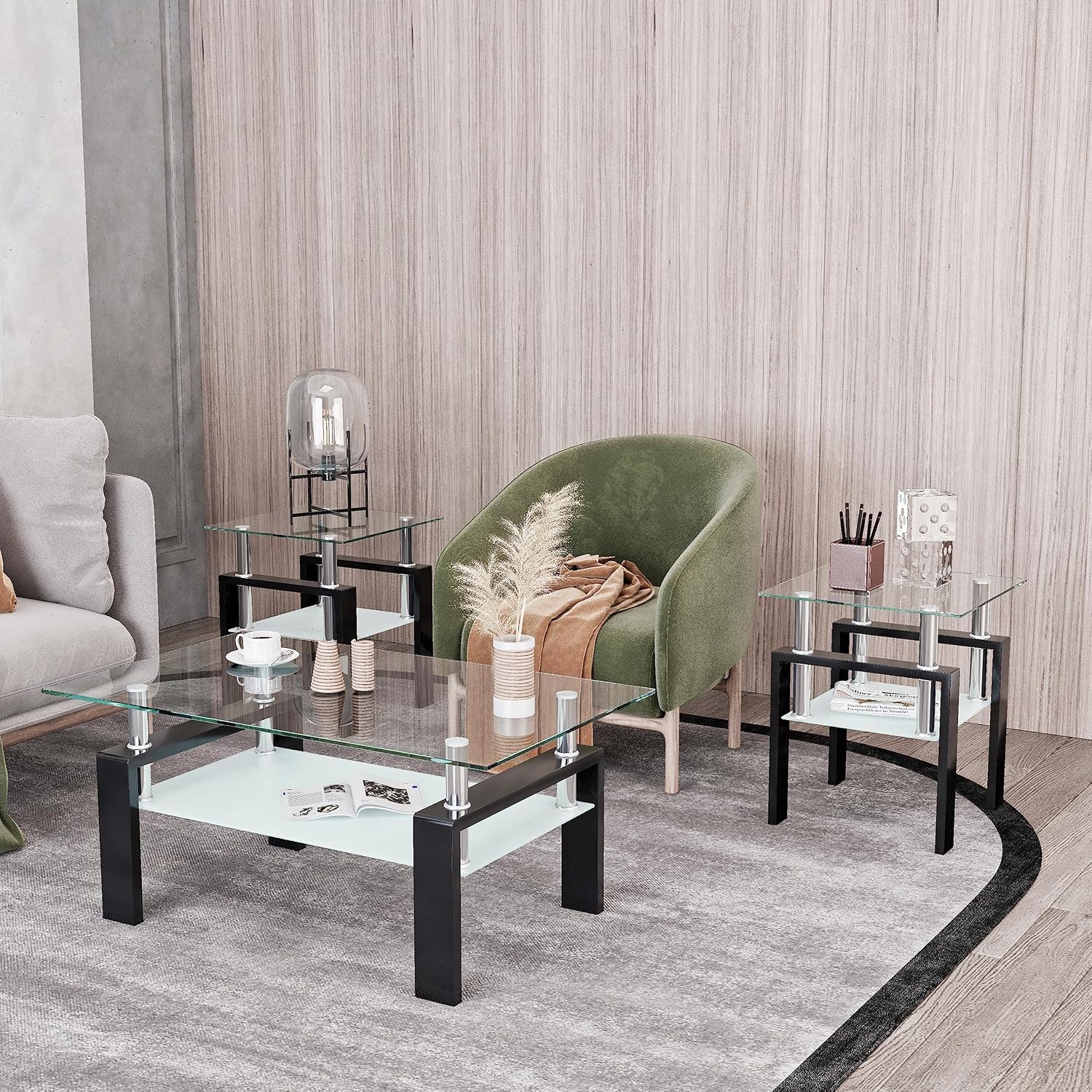 Glass Coffee Table Sets of 3 for Living Room, Mordern End Table Sofa Side Tables with Storage, Black Metal Leg, Rectangle Tempered Center Table Home Furniture Set (Clear)