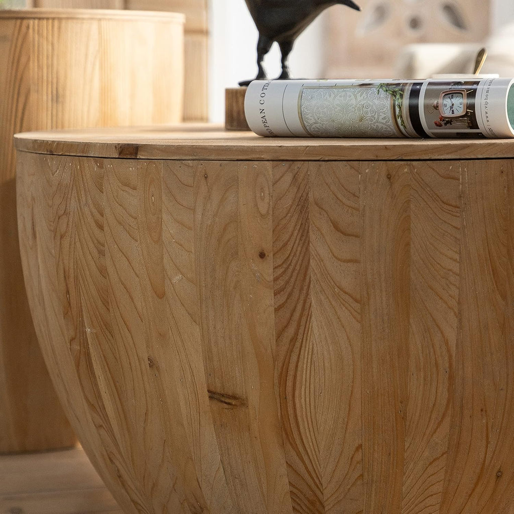 Round Wood Coffee Table End Table Side Table Set of 2 with Storage for Living Room, Modern Farmhouse Bucket Shaped Drum Coffee Table for Living Room Apartment, 2-Pcs