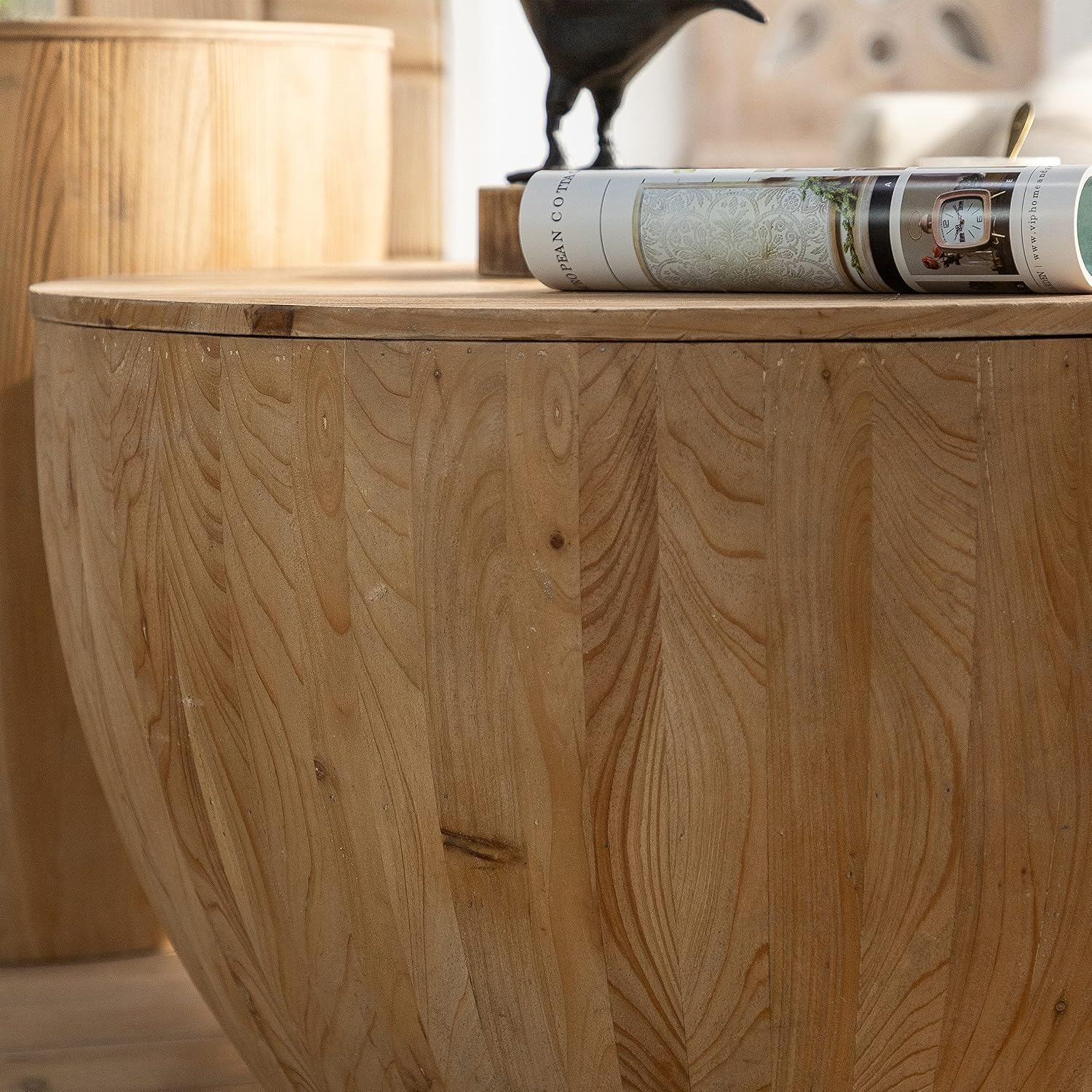 Round Wood Coffee Table End Table Side Table Set of 2 with Storage for Living Room, Modern Farmhouse Bucket Shaped Drum Coffee Table for Living Room Apartment, 2-Pcs
