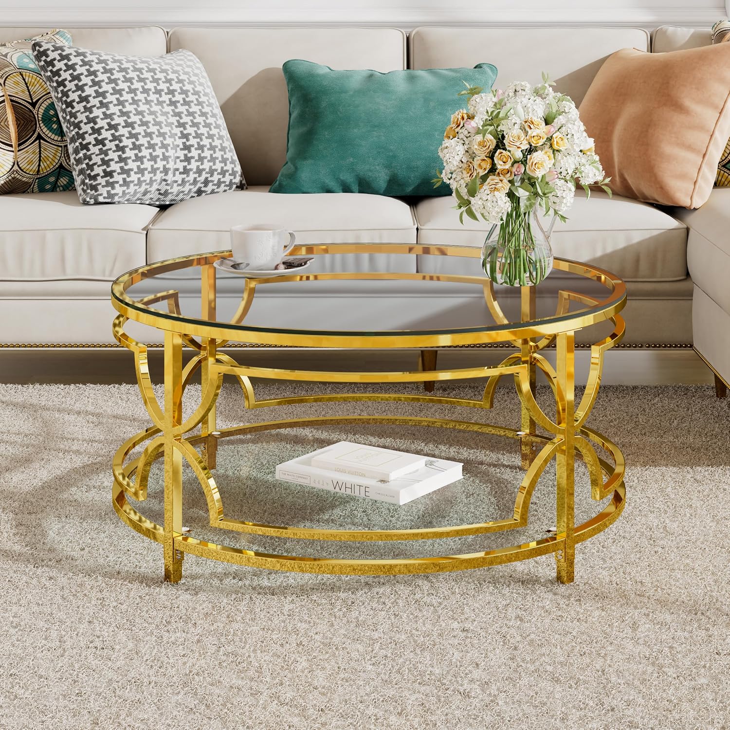 Merax 30.7' Round Tempered Glass Coffee Table, Luxurious Gold Geometric Metal Frame Side Table with Lower Storage Shelf, Modern Accent End Tables for Living Room, Bedroom, Apartment, Transparent