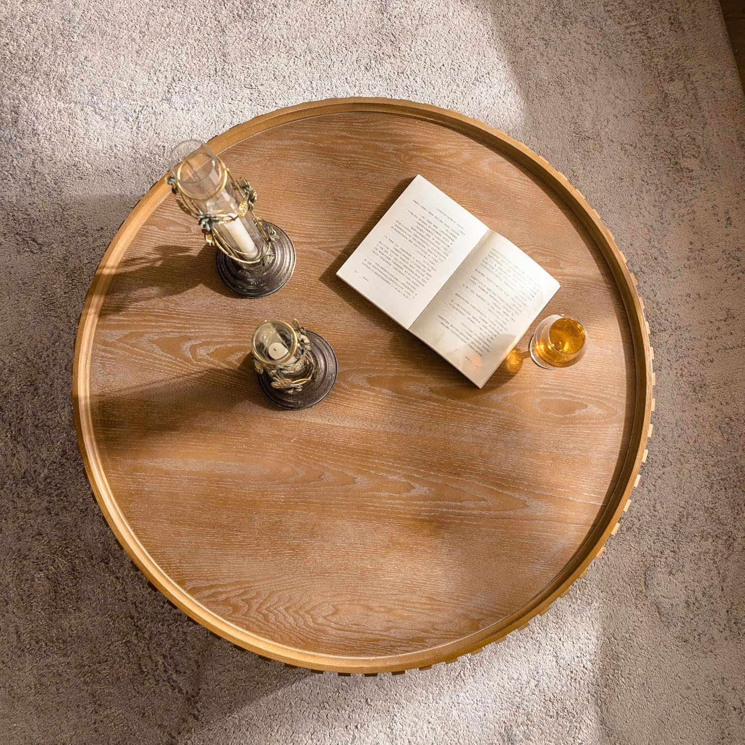36.22'' Round Drum Coffee Table for Living Room, Modern Mid-Century Circle Wood Coffee Table with Sturdy Pedestal, Easy Assembly, Natural