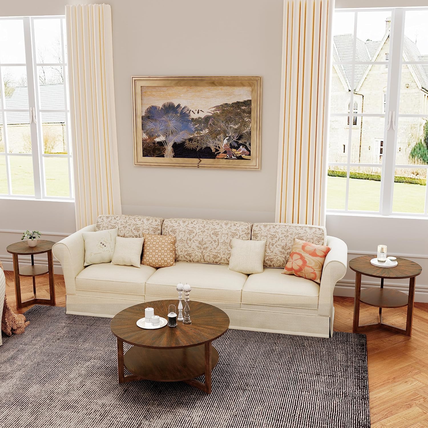 PADMA HOUSE 33.5' Round Wood Coffee Table, 2-Tier Solid Wood Rounded Circle Accent Coffee Table Center Cocktail Table Vintage Furniture for Home Living Room Bedroom,Espresso Brown 3338NC
