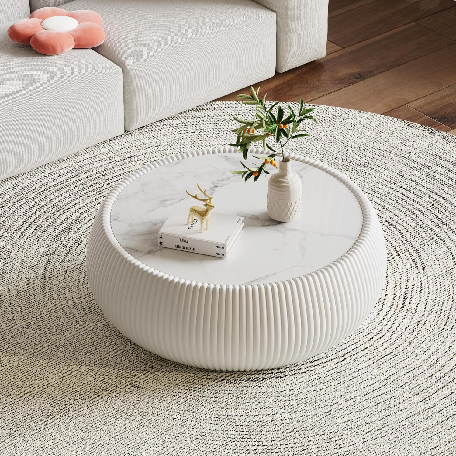 27.55' Round Marble Coffee Table,White Fluted Coffee Table with White Sintered Stone Top & PU Leather Covered, Modern Drum Coffee Cocktail Center Tables for Living Room,No Need Assembly