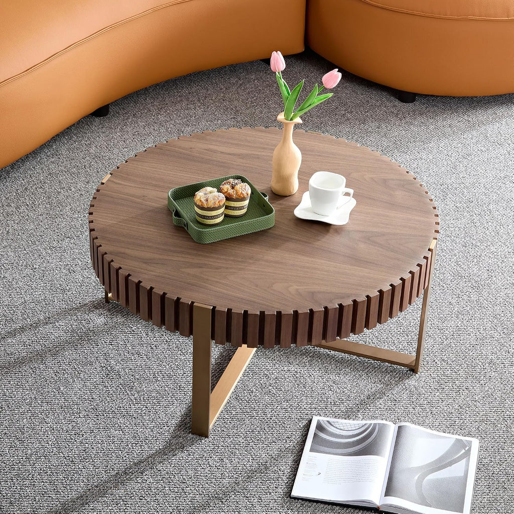 31.49'' Walnut Round Coffee Table, Modern Wood Circle Fluted Coffee Table for Living Room, Rose Gold Legs, Easy Assembly, Walnut