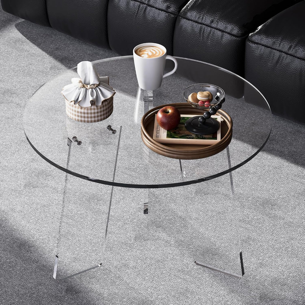 Acrylic Coffee Table Round, Clear Circle Modern Lucite Side Table Legs for Living Room, Bedroom, Office (Clear, 23.6' × 15.7')