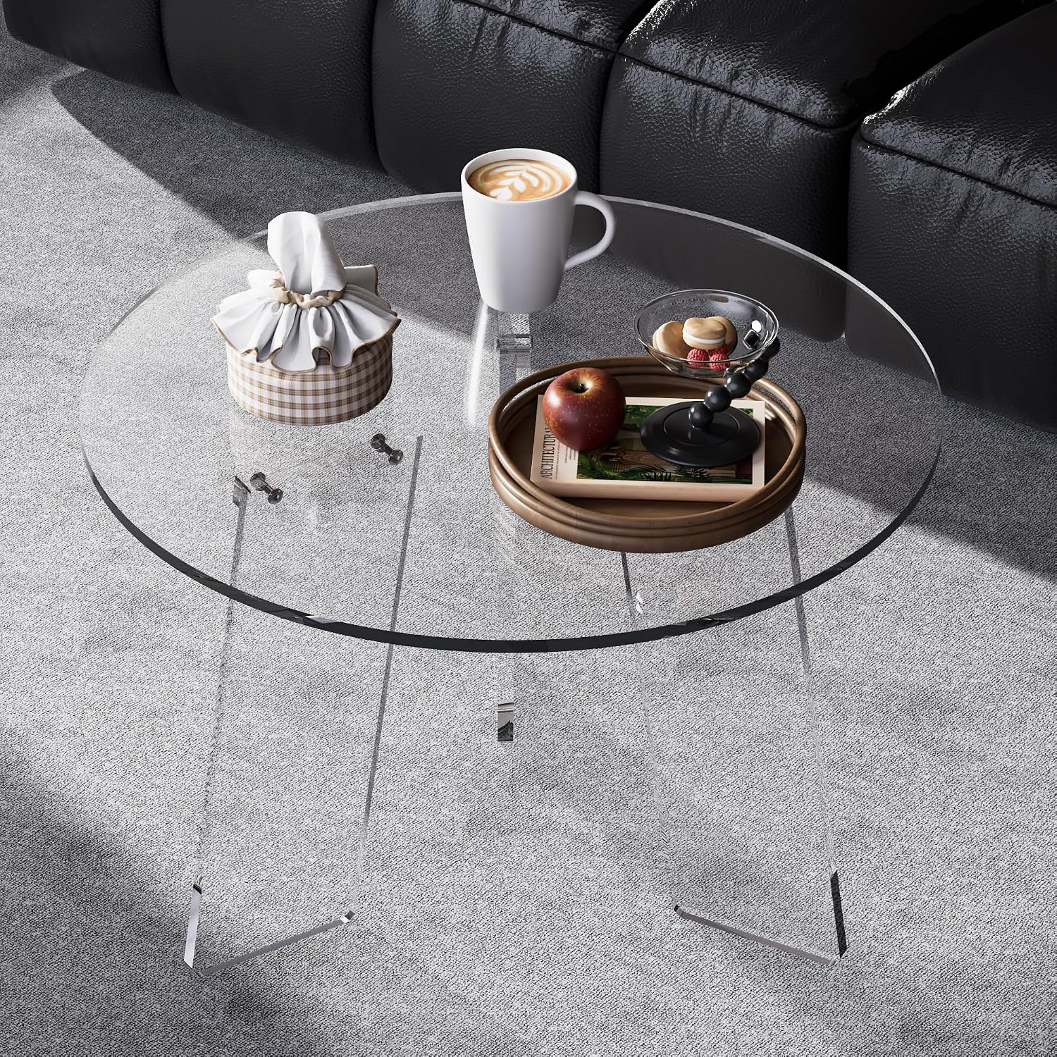 Acrylic Coffee Table Round, Clear Circle Modern Lucite Side Table Legs for Living Room, Bedroom, Office (Clear, 23.6' × 15.7')