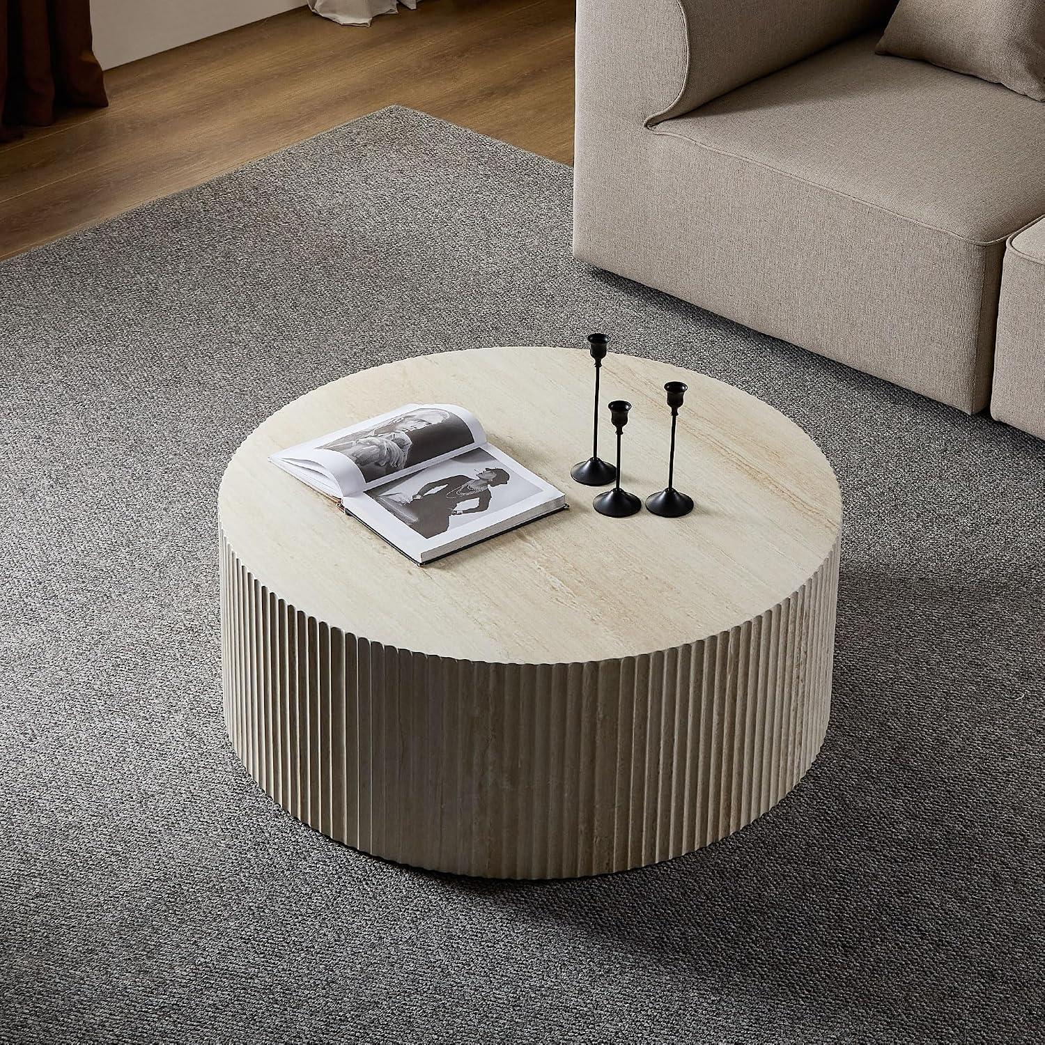 Faux Travertine Round Coffee Table, 35' Modern Relief Design Coffee Table Center Table for Living Room, Travertine, No Assembly Needed