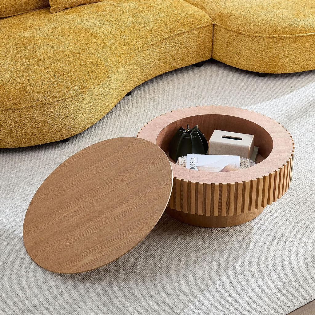 WILLIAMSPACE 31.49' Round Coffee Table with Storage for Living Room, Modern Circle Center Table with Solid Wood Veneered & Sturdy Pedestal, Accent End Tea Table for Apartment - Oak