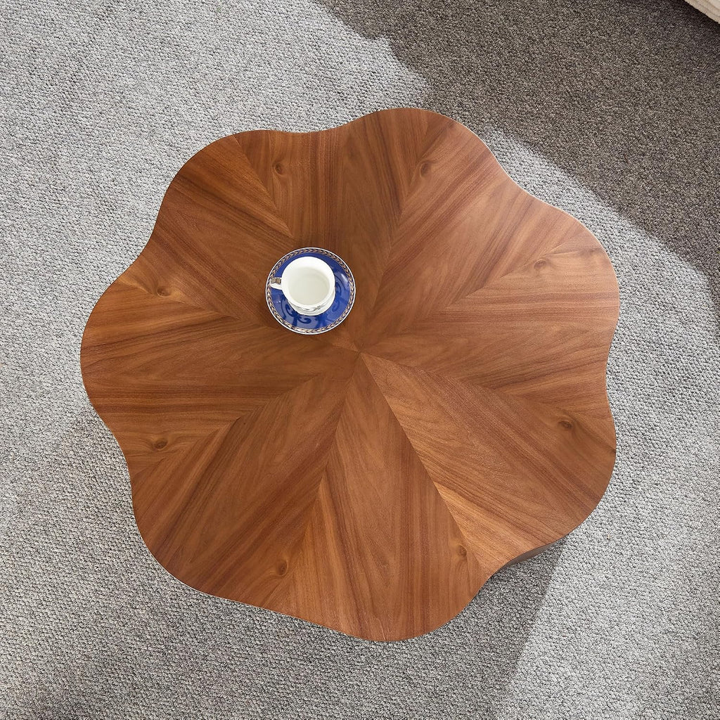 35.43'' Round Coffee Table with Drawer Storage Space for Living Room, Modern Drum Handcraft Wood Petal-Shaped Coffee Table, No Assembly, Walnut