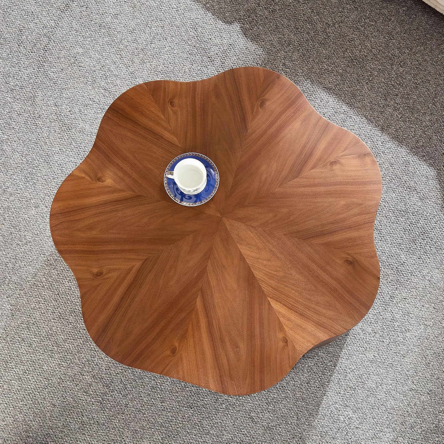 35.43'' Round Coffee Table with Drawer Storage Space for Living Room, Modern Drum Handcraft Wood Petal-Shaped Coffee Table, No Assembly, Walnut