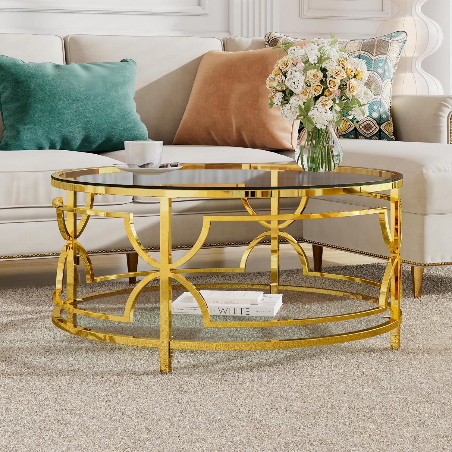 Merax 30.7' Round Tempered Glass Coffee Table, Luxurious Gold Geometric Metal Frame Side Table with Lower Storage Shelf, Modern Accent End Tables for Living Room, Bedroom, Apartment, Transparent