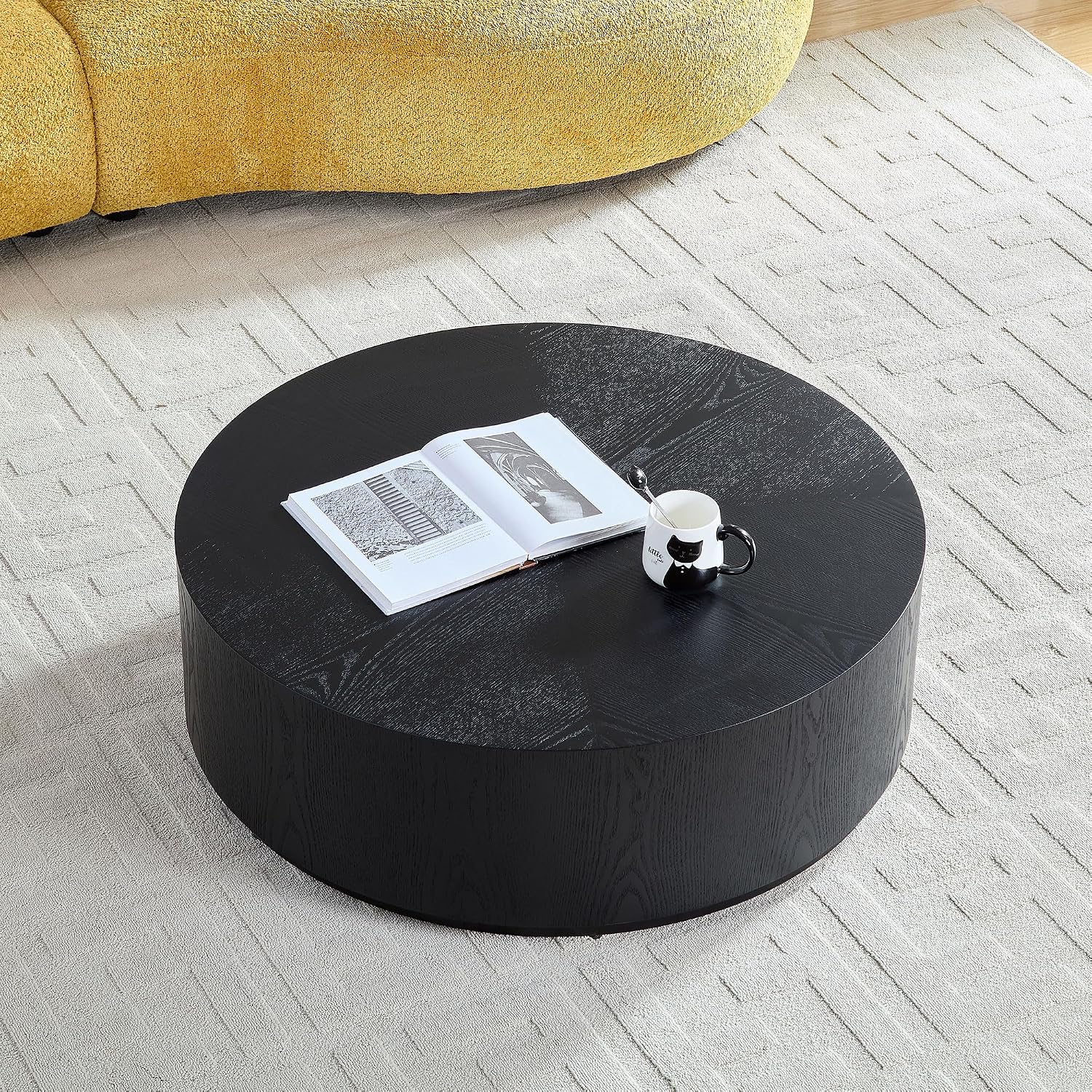 ø35.43'' Black Round Coffee Table, Modern Circle Wood Drum Coffee Table for Living Room, No Assembly, Black