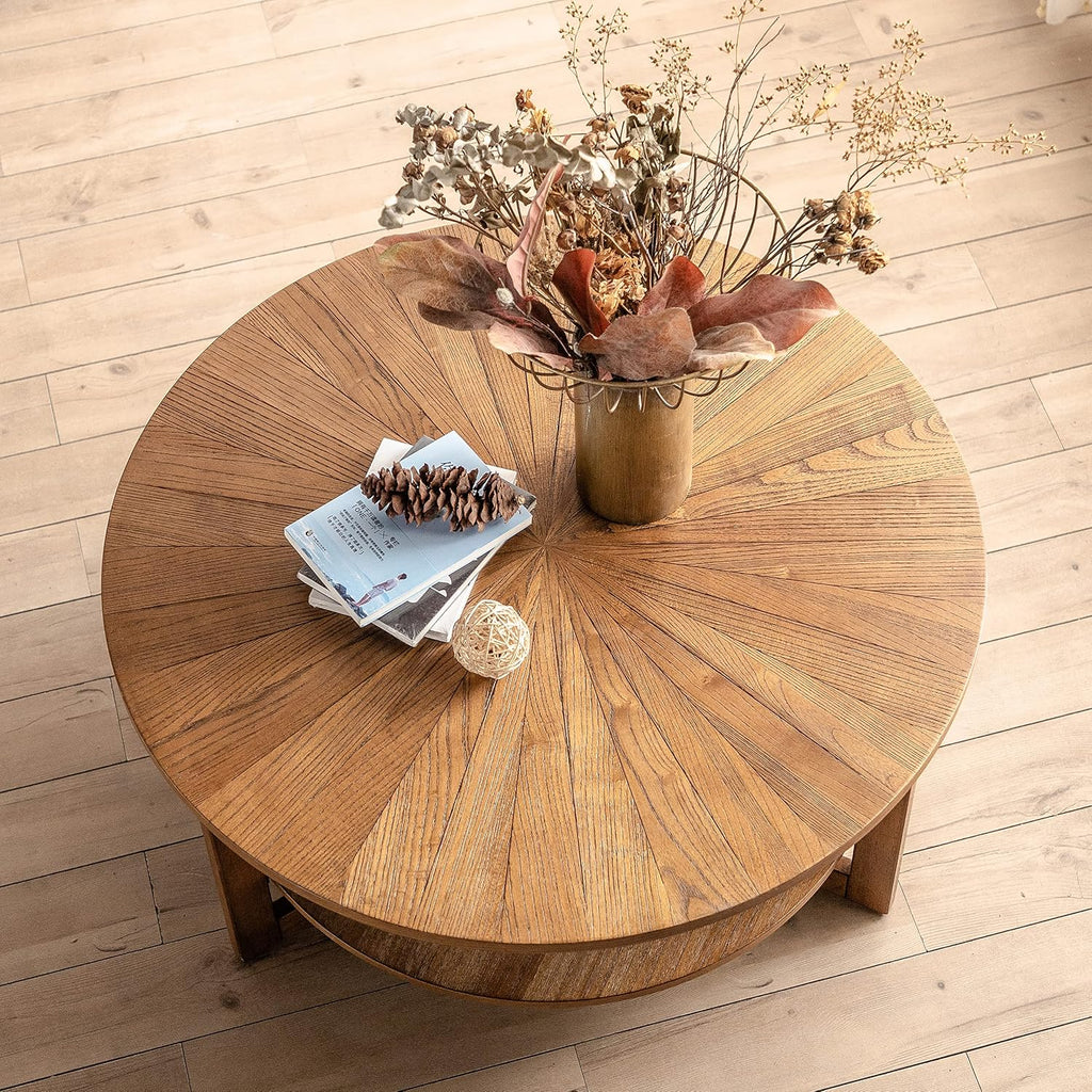 Round Coffee Table, 35' Circle Wood Coffee Table with Storage Shelf, 2 Tier Center Table for Living Room Apartment Home Furniture, Easy Assembly (Espresso,35' Dx35 Wx18 H)
