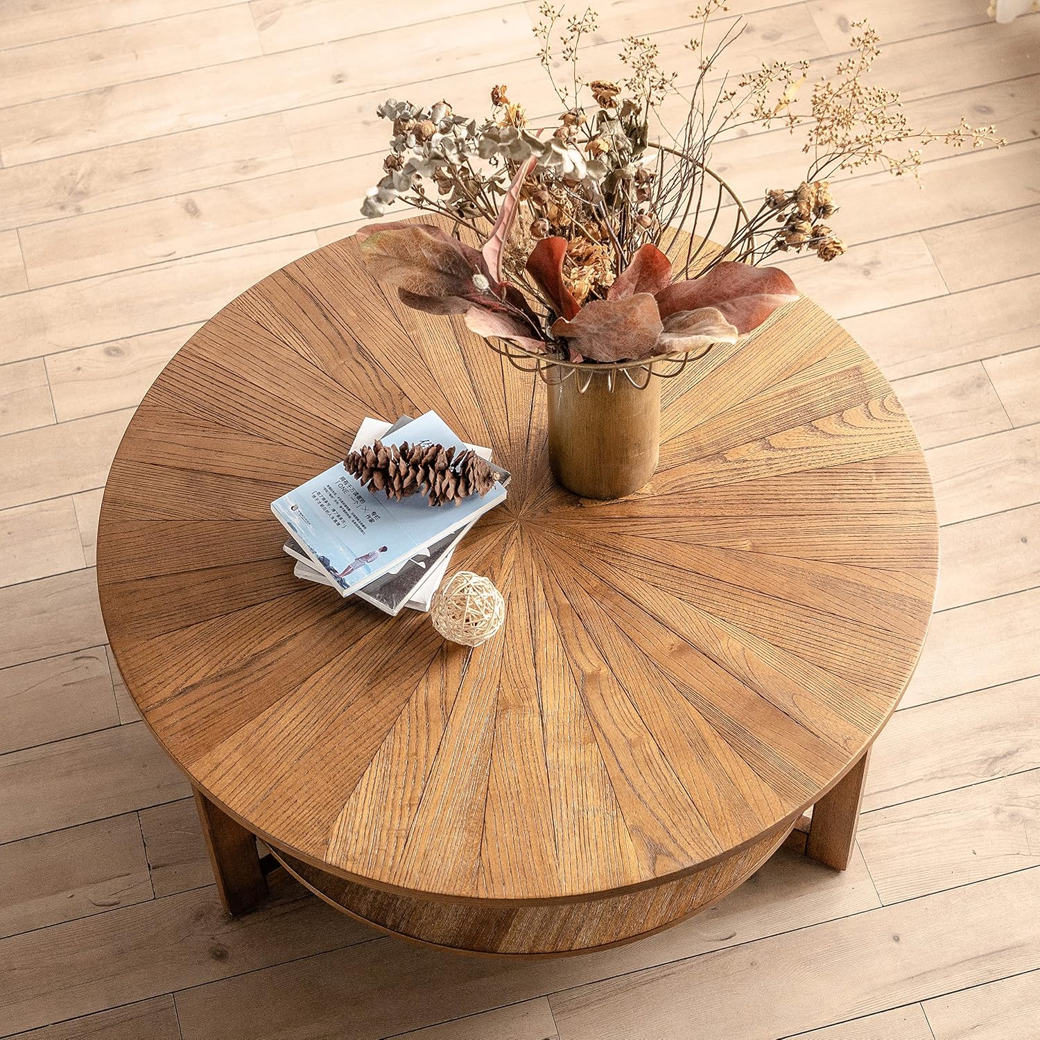 Round Coffee Table, 35' Circle Wood Coffee Table with Storage Shelf, 2 Tier Center Table for Living Room Apartment Home Furniture, Easy Assembly (Espresso,35' Dx35 Wx18 H)