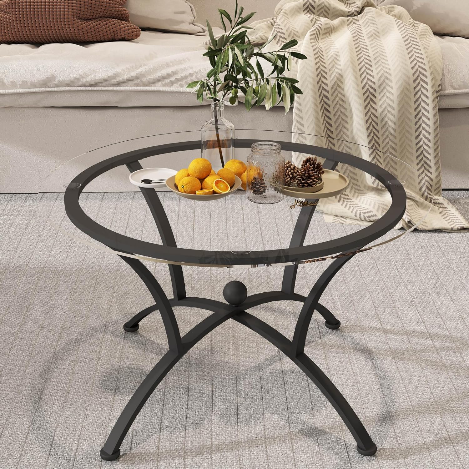 Glass Coffee Table Sets of 3 for Living Room,30' Mordern Round End Tables,Tempered Glass Top with Rustic Black Metal Frame, Sturdy Nesting End Tables