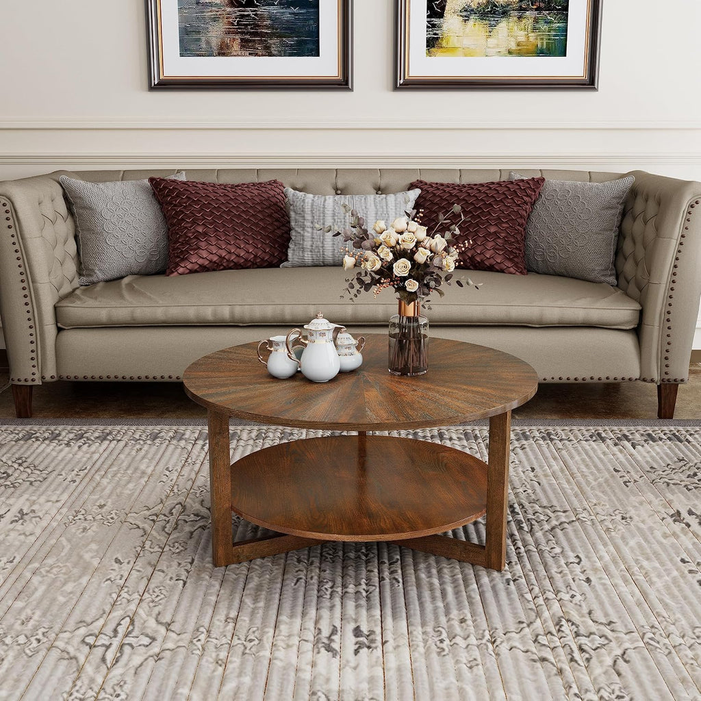 PADMA HOUSE 33.5' Round Wood Coffee Table, 2-Tier Solid Wood Rounded Circle Accent Coffee Table Center Cocktail Table Vintage Furniture for Home Living Room Bedroom,Espresso Brown 3338NC