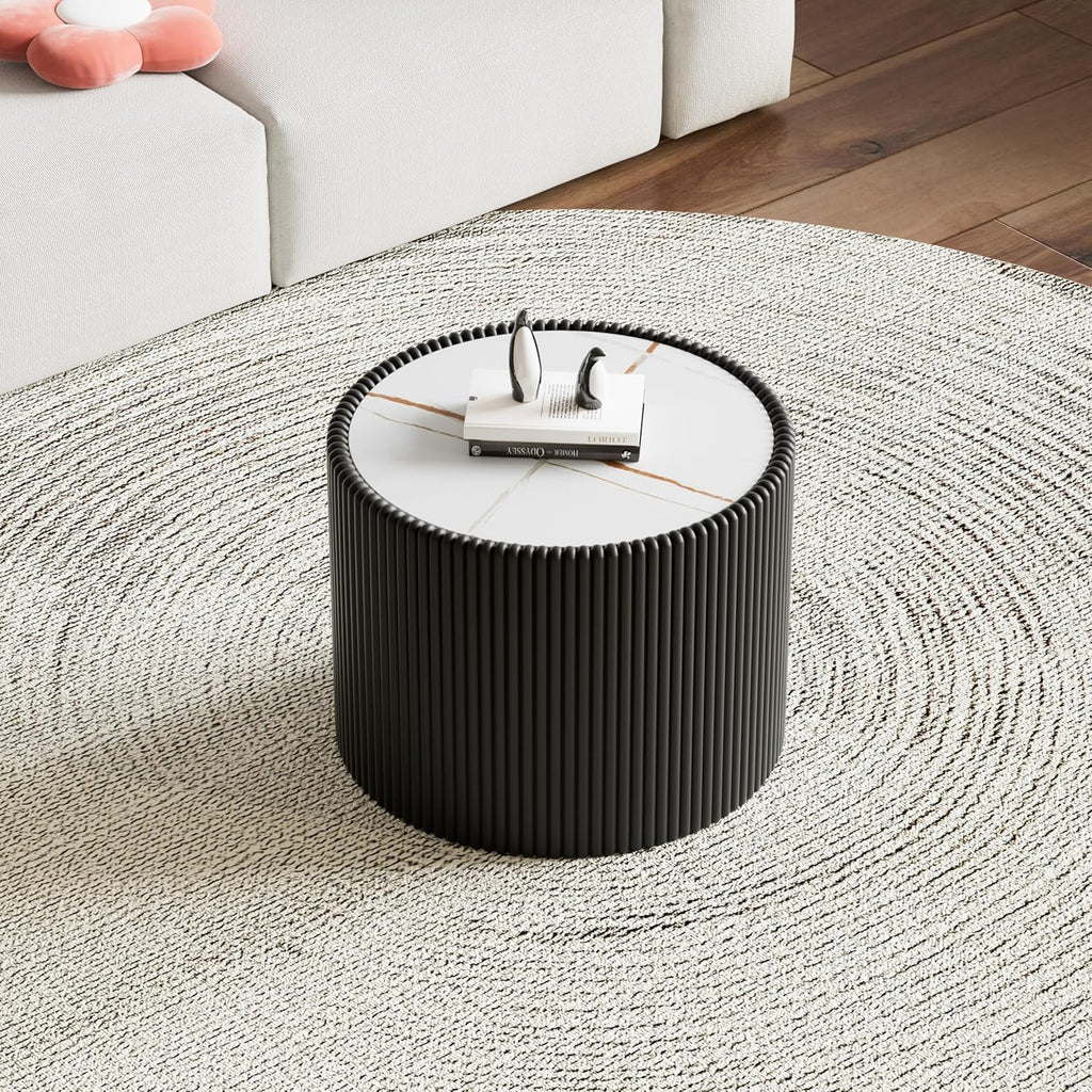 Modern Round Coffee Table Set of 2 Luxury Sintered Stone Top Coffee End Table in White/Black Leatherette Drum-Shape Small Coffee Side End Tables for Living Room,Fully Assembled