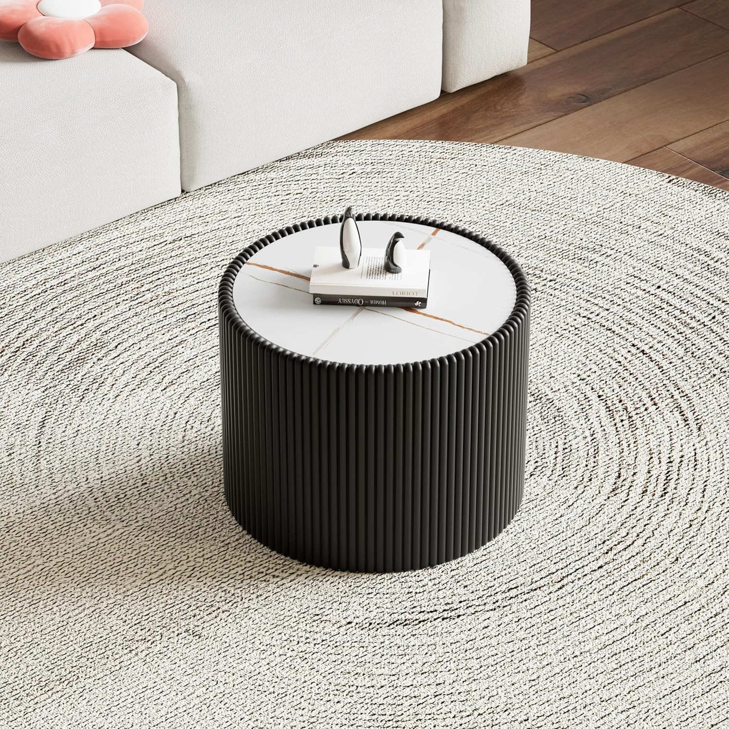 Modern Round Coffee Table Set of 2 Luxury Sintered Stone Top Coffee End Table in White/Black Leatherette Drum-Shape Small Coffee Side End Tables for Living Room,Fully Assembled