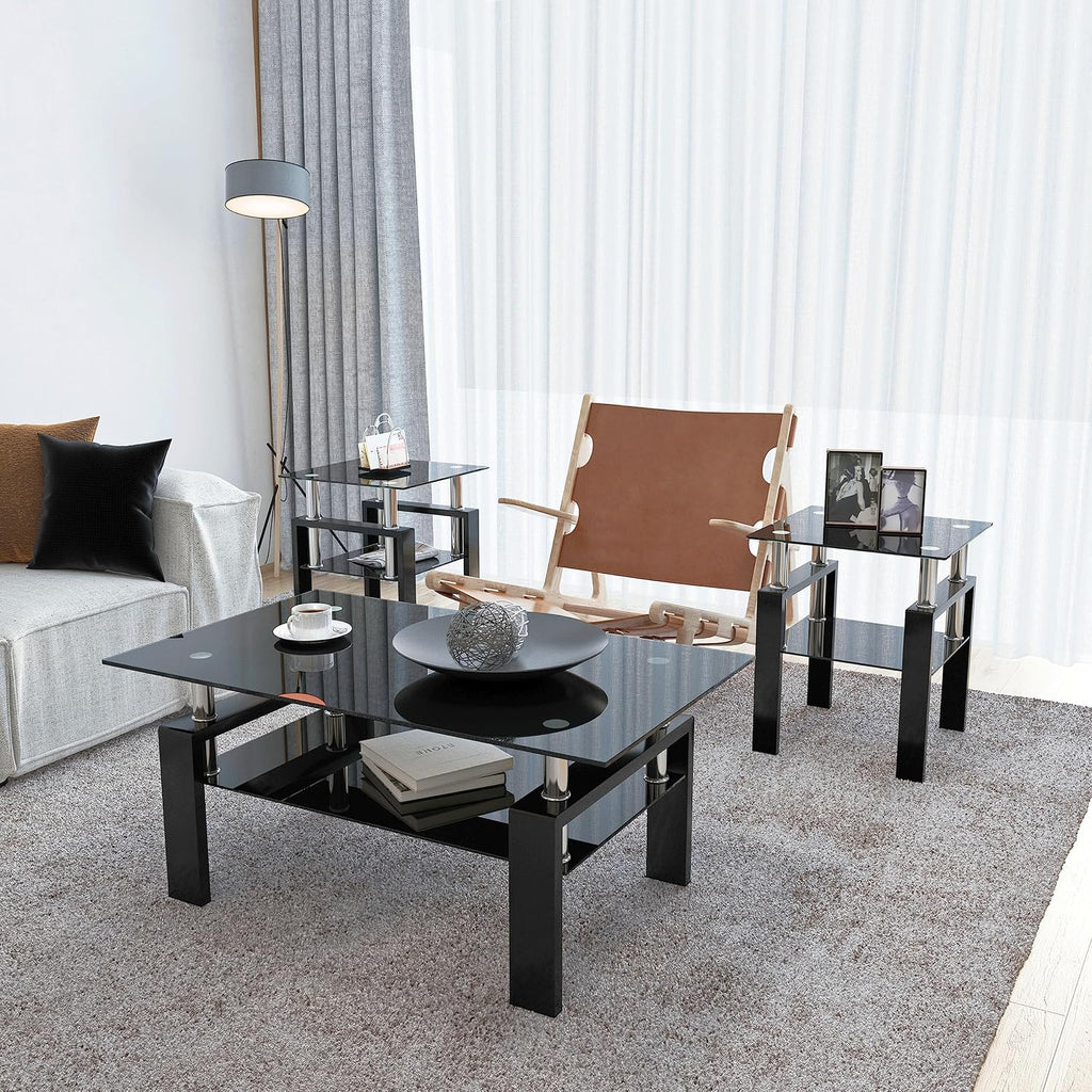 Glass Coffee Table Sets of 3 for Living Room, Mordern End Table Sofa Side Tables with Storage, Black Metal Leg, Rectangle Tempered Center Table Home Furniture Set (All Black)