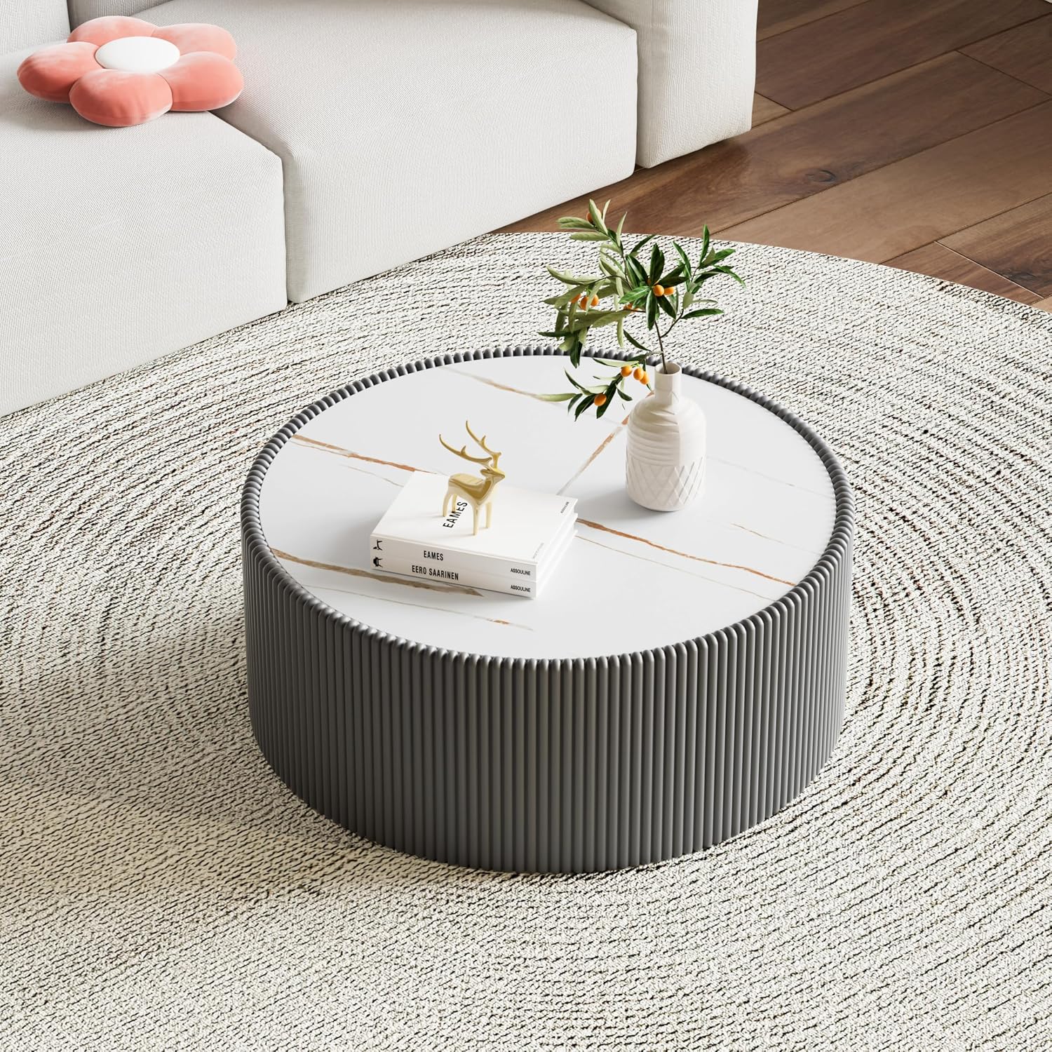 Modern Round Coffee Table Luxury Sintered Stone Top Coffee Table in Grey Leatherette Creative Drum-Shape Cocktail Center Table for Living Room Bedroom,Fully Assembled