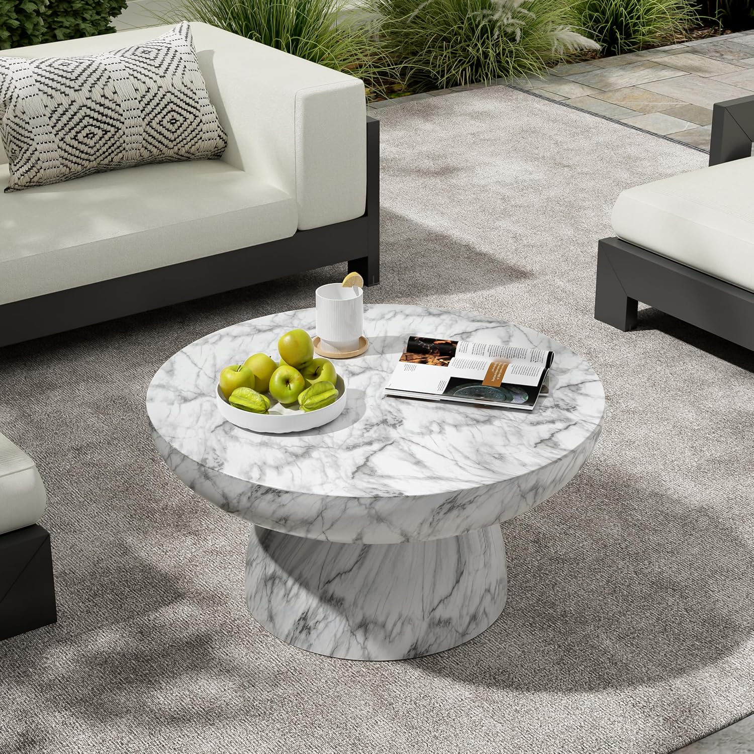 Christopher Knight Home Patsy Modern Lightweight Concrete Coffee Table, Indoor and Outdoor Round Top Accent Table, MGO Sofa End Table with Pedestal Base, No Assembly Needed, White Marble Finish