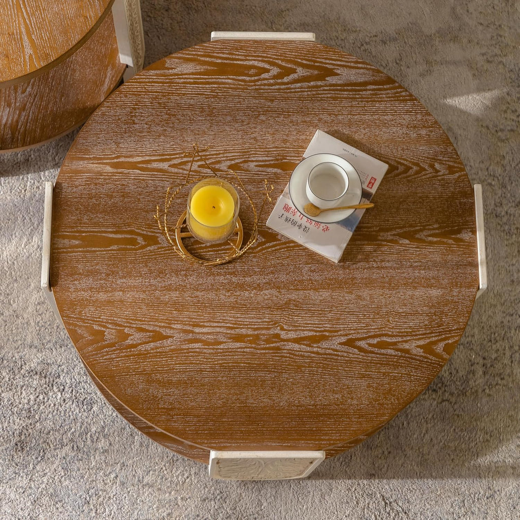 31.89'' Round Wood Coffee Table 2-Tier Circle Craft Rustic Coffee Table for Living Room, Modern Retro Farmhouse Carved Style, Easy Assembly, Natural Wood