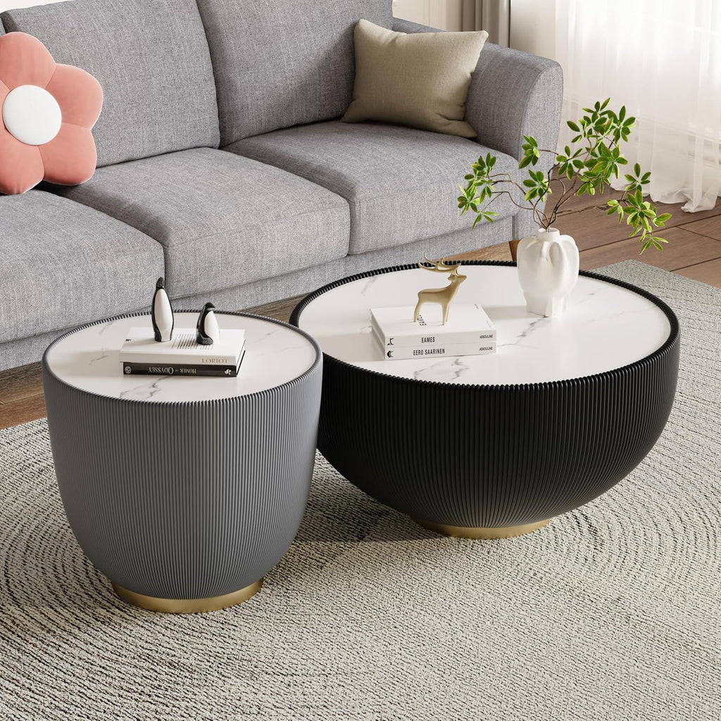 Round Marble Coffee Table Set of 2, 2 Piece White Coffee Table and End Table for Living Room Modern Drum Center Table Circle Side Tables for Living Room Bedroom Apartment,No Need Assembly,Black+Grey
