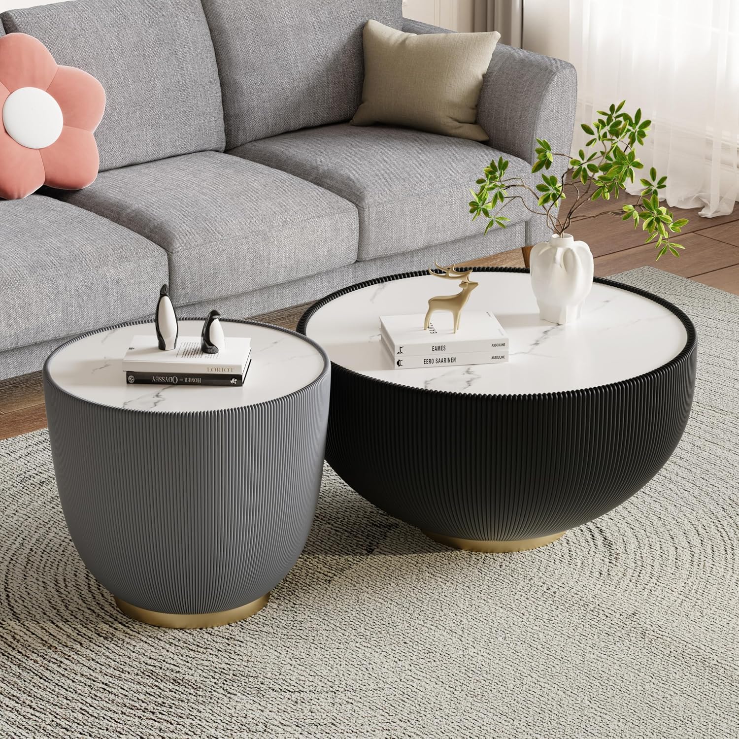 Round Marble Coffee Table Set of 2, 2 Piece White Coffee Table and End Table for Living Room Modern Drum Center Table Circle Side Tables for Living Room Bedroom Apartment,No Need Assembly,Black+Grey