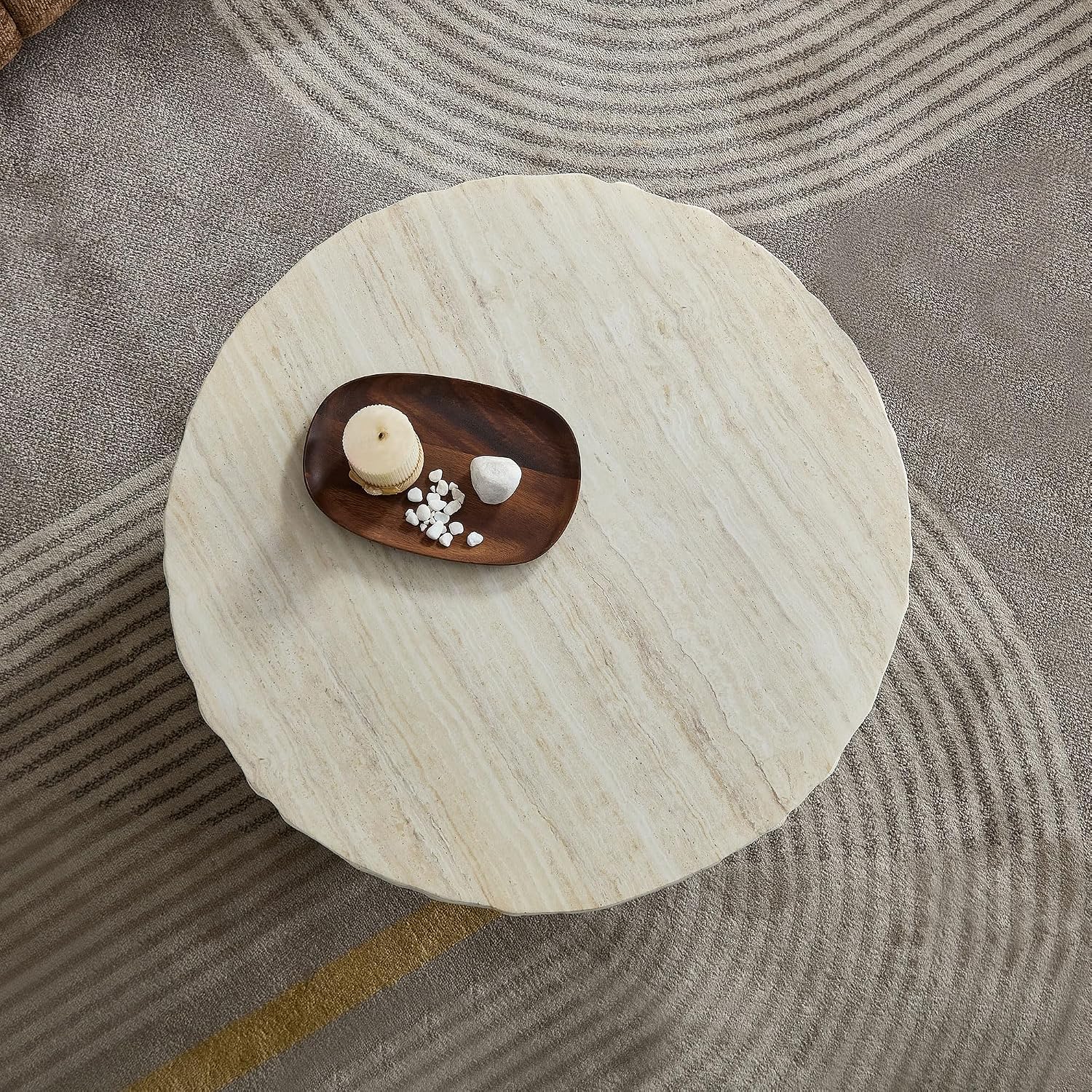 Round Coffee Table for Living Room Small Modern Faux Marble Center Circle Side Drum Accent Farmhouse Coffee Tables Mid Century for Apartment Bedroom Office Balcony (31.7' x 13') Beige