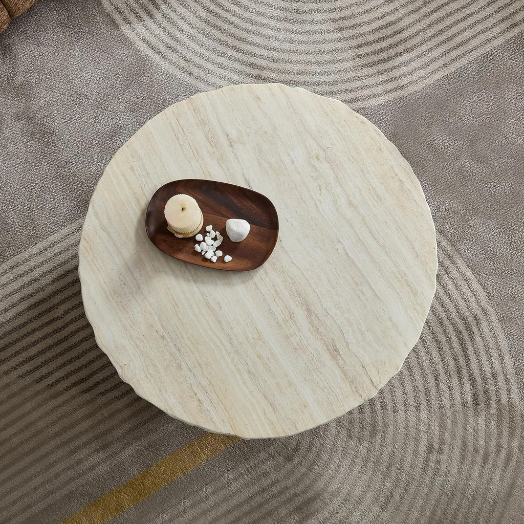 Set of 2 Round Coffee Tables for Living Room, 31.7' W x 13' H Faux Mars Circle Drum Pattern Modern Minimalist 23.82' W x16.93 Side Tables Accent End Table for Apartment, Office, Beige