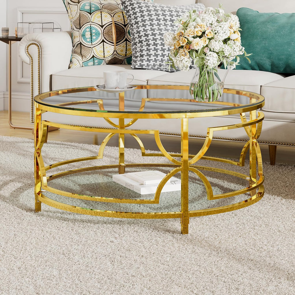 Merax 30.7' Round Tempered Glass Coffee Table, Luxurious Gold Geometric Metal Frame Side Table with Lower Storage Shelf, Modern Accent End Tables for Living Room, Bedroom, Apartment, Transparent