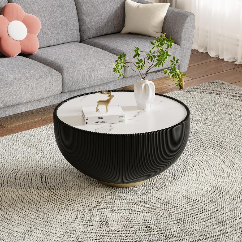 Modern Round Coffee Table, Drum Bowl Tea Table with Sintered Stone Tabletop, Fluted PU Leather Covered and Metal Base, Center Table for Living Room Home Office