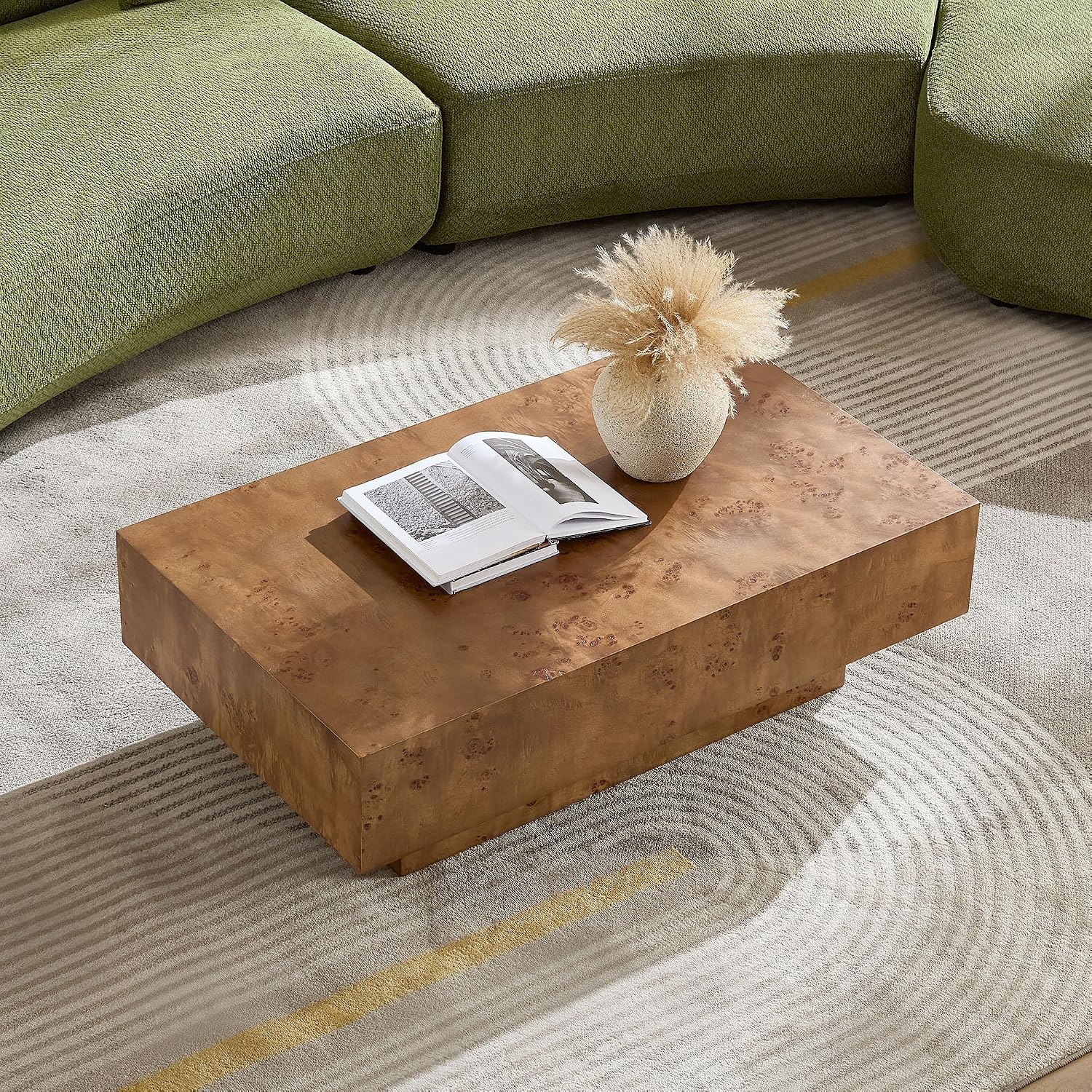 WILLIAMSPACE 43.31' Rectangle Coffee Table with Burl Wood Veneer & Sturdy Base, Modern Luxury Wood Drum Center Table Accent Side End Table for Living Room Apartment, Walnut