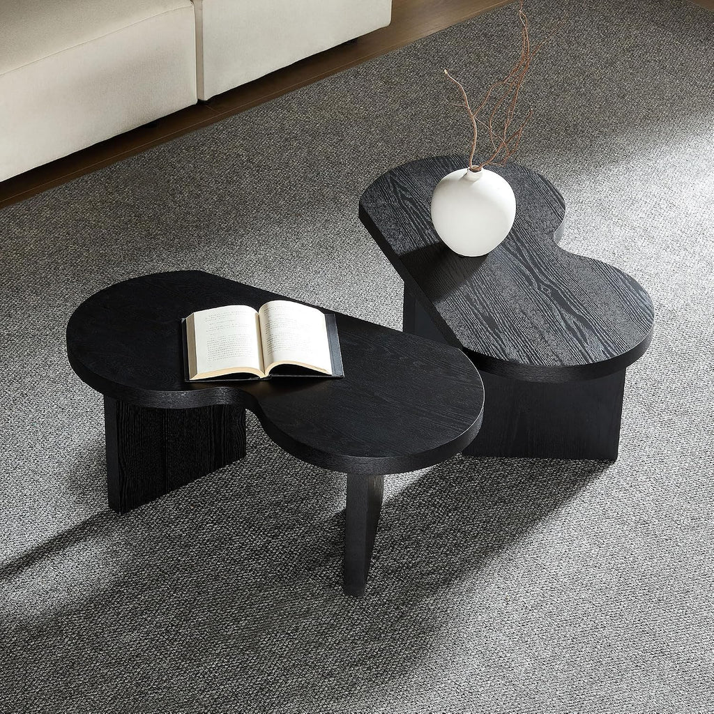 Modern Nesting Coffee Table Set of 2, Natural Wooden Coffee Table for Living Room, Small Center Table End Table Sets with Rustic Wood Grain for Bedroom Office Cafe Black 31.5' W x13.77 H