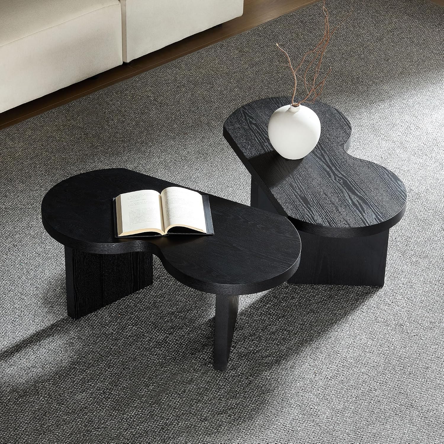 Modern Nesting Coffee Table Set of 2, Natural Wooden Coffee Table for Living Room, Small Center Table End Table Sets with Rustic Wood Grain for Bedroom Office Cafe Black 31.5' W x13.77 H