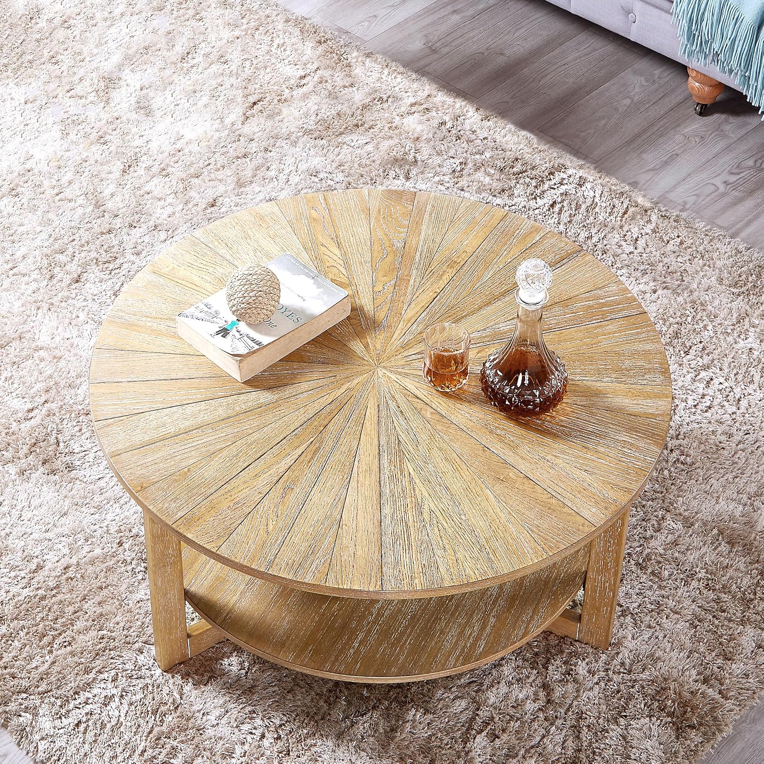 Round Coffee Table, 35' Circle Wood Coffee Table with Storage Shelf, 2 Tier Center Table for Living Room Apartment Home Furniture, Easy Assembly (Light Brown,35' Dx35 Wx18 H)