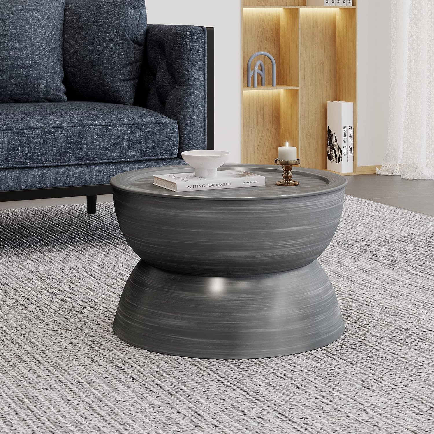 Merax Metal Hammered Coffee Table 24.25' Round Tabletop, Modern Iron Hourglass Coffee Table for Living Room, No Assembly Required, Bear 150lbs, Antique Silver