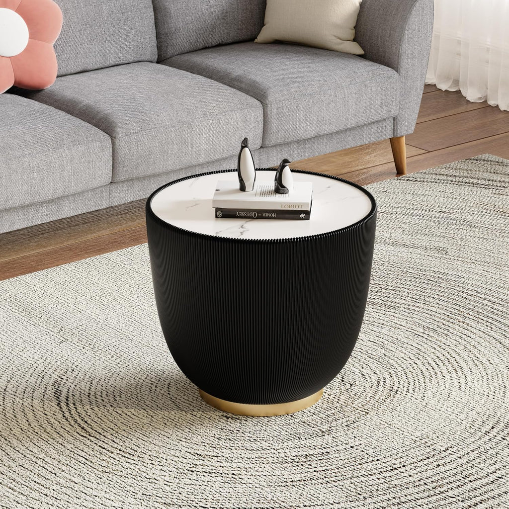Round Marble Coffee Table Set of 2, 2 Piece Coffee Table and End Table for Living Room Modern Drum Center Table Circle Side Tables for Living Room Bedroom Apartment, No Need Assembly,Black+Black